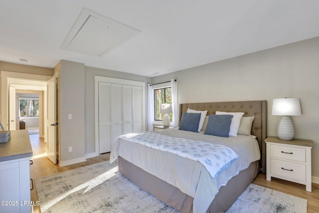 bedroom featuring a closet and light wood-type flooring