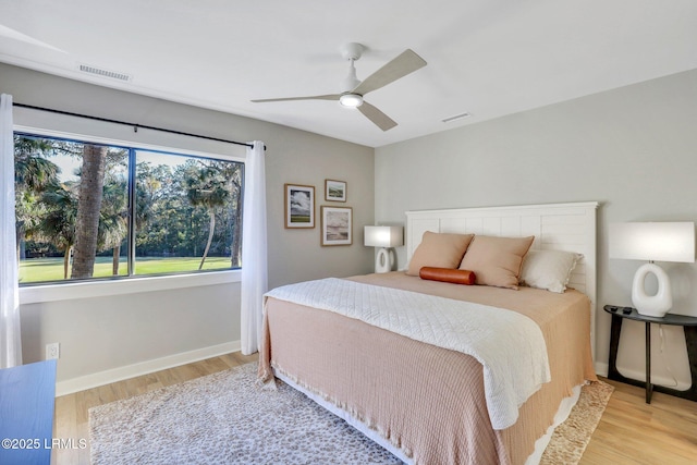 bedroom featuring ceiling fan and light hardwood / wood-style flooring