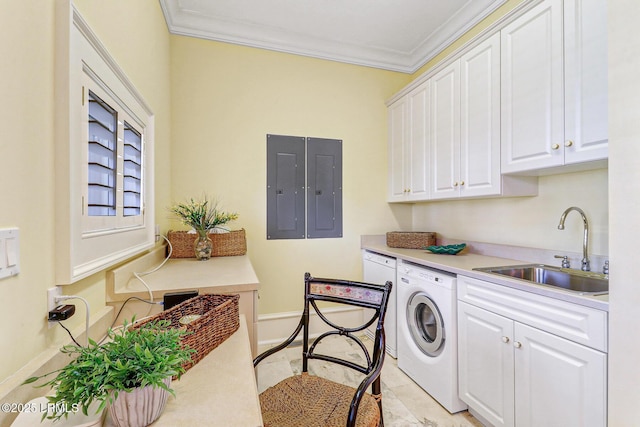 clothes washing area featuring crown molding, electric panel, cabinet space, and a sink