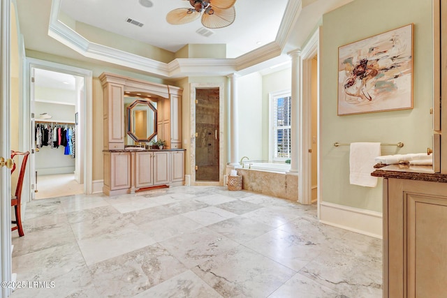 bathroom featuring a tray ceiling, visible vents, a stall shower, vanity, and a bath