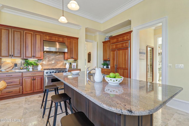 kitchen with high quality appliances, a kitchen breakfast bar, ventilation hood, backsplash, and light stone countertops