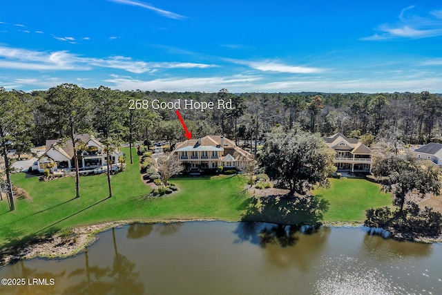 birds eye view of property featuring a water view