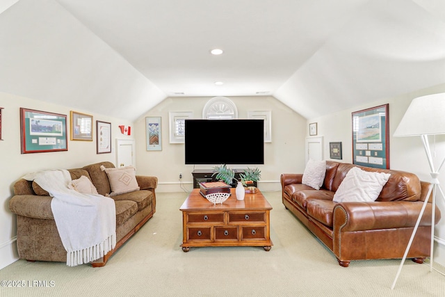 living room with lofted ceiling, carpet, and recessed lighting