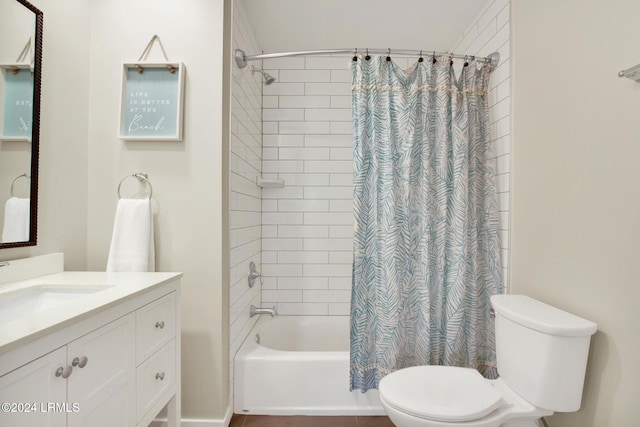 full bathroom with vanity, toilet, and shower / tub combo with curtain