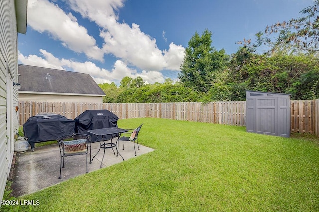 view of yard featuring a storage shed and a patio area