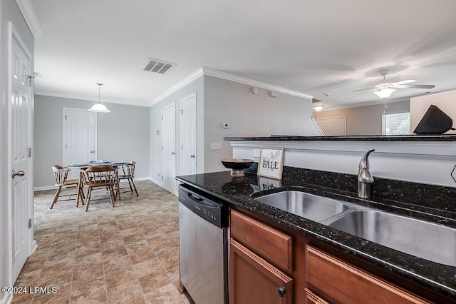 kitchen featuring sink, dark stone countertops, ornamental molding, dishwasher, and pendant lighting