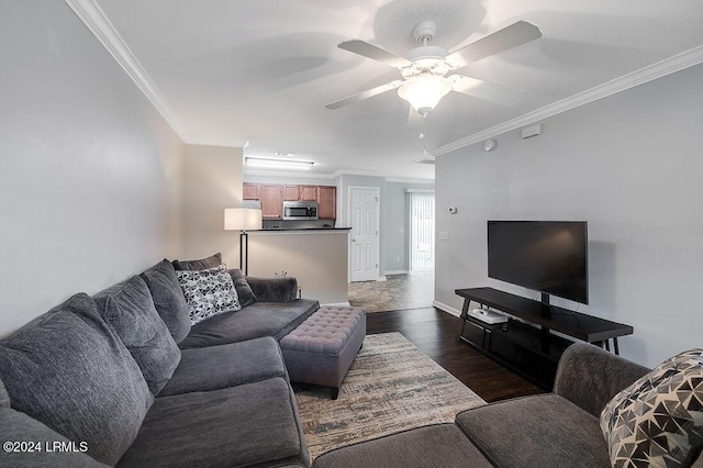 living room with crown molding, dark wood-type flooring, and ceiling fan