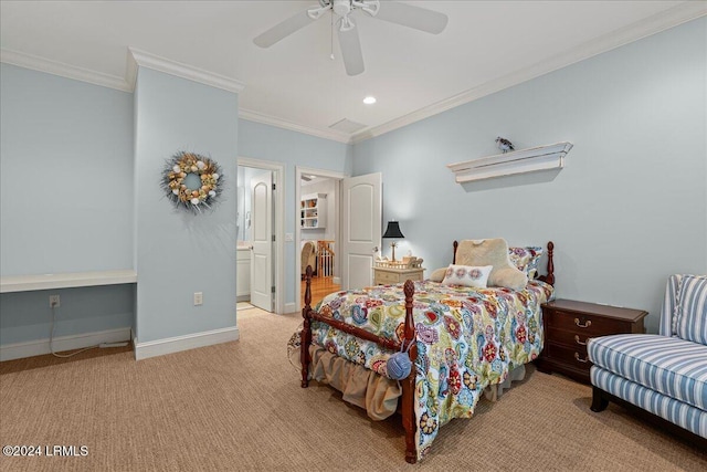 bedroom featuring ceiling fan, ornamental molding, and light colored carpet