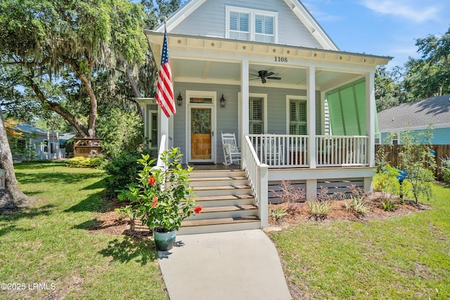 1108 12th St, Port Royal, SC 29935 - view of front of property with covered porch, a front lawn, and ceiling fan