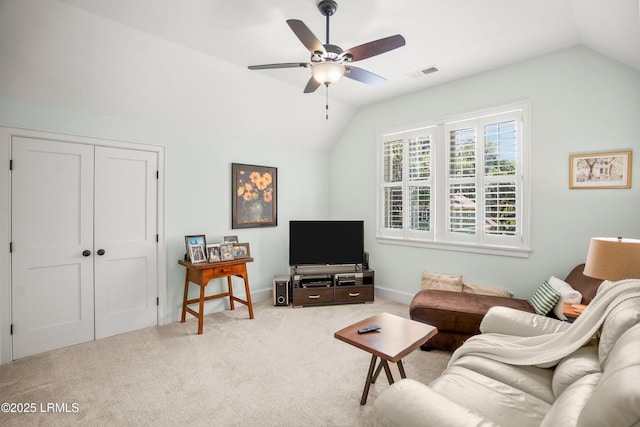 1108 12th St, Port Royal, SC 29935 - carpeted living area with lofted ceiling and ceiling fan