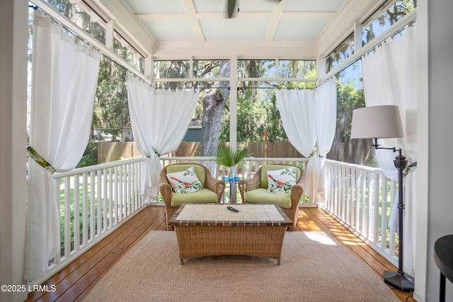 1108 12th St, Port Royal, SC 29935 - sunroom featuring coffered ceiling, beamed ceiling, and hardwood / wood-style flooring
