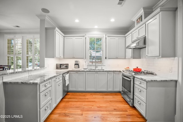 1108 12th St, Port Royal, SC 29935 - kitchen with stainless steel appliances, under cabinet range hood, ornamental molding, a peninsula, and backsplash