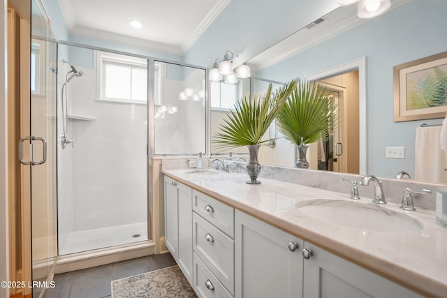 1108 12th St, Port Royal, SC 29935 - full bath with ornamental molding, double vanity, a stall shower, and tile patterned floors