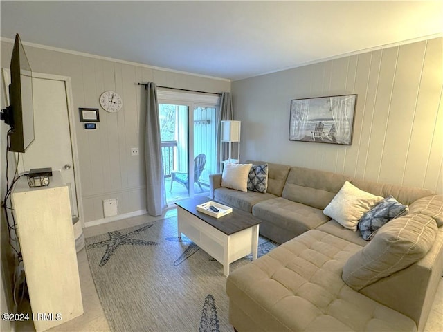 living room featuring crown molding