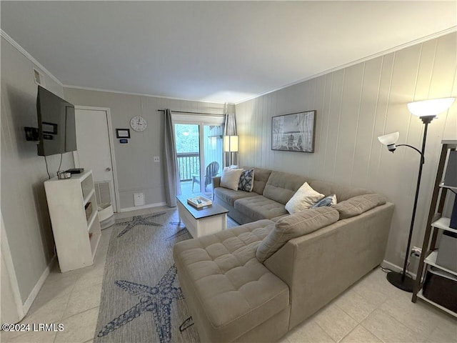 tiled living room with crown molding