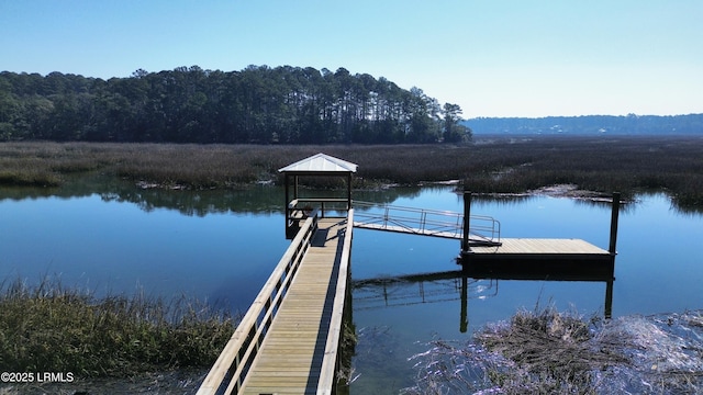 dock area with a water view and a forest view