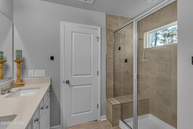 full bathroom featuring double vanity, a sink, visible vents, and a shower stall