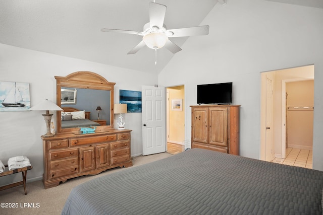 bedroom featuring baseboards, high vaulted ceiling, light carpet, and a ceiling fan