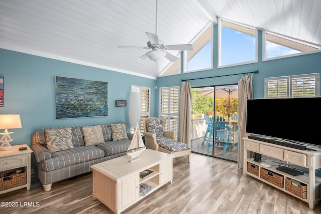 living room featuring wood ceiling, beamed ceiling, ceiling fan, wood finished floors, and high vaulted ceiling