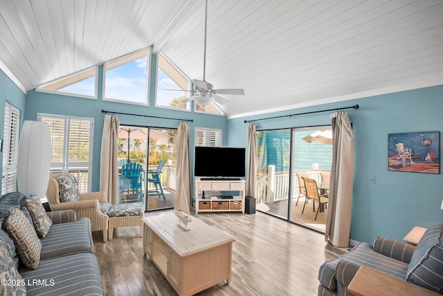 living room featuring lofted ceiling, wood finished floors, a ceiling fan, and wooden ceiling