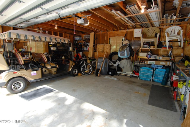 garage with a garage door opener and a workshop area