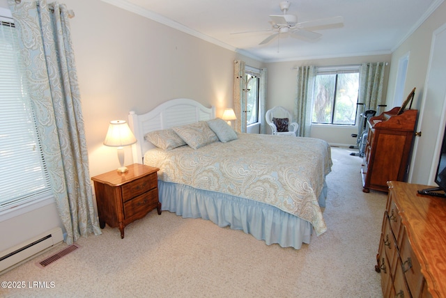 carpeted bedroom featuring ceiling fan, visible vents, ornamental molding, and a baseboard radiator