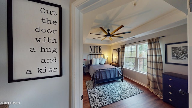 bedroom with dark hardwood / wood-style flooring, a tray ceiling, and ceiling fan