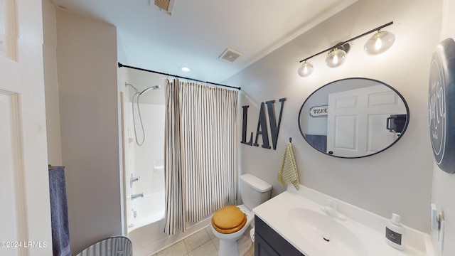 full bathroom with shower / bath combination with curtain, vanity, toilet, and tile patterned flooring