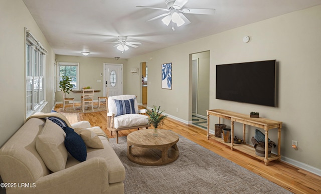 living room featuring ceiling fan and light hardwood / wood-style flooring