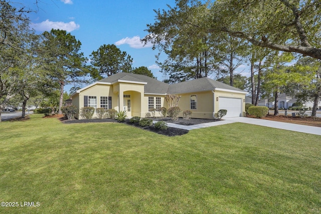 ranch-style house with a garage, concrete driveway, a front lawn, and stucco siding