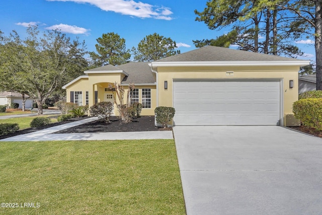 ranch-style home featuring concrete driveway, roof with shingles, an attached garage, a front lawn, and stucco siding