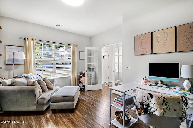 32 Chinquapin St, Beaufort, SC 29906 - living room with dark wood-type flooring, visible vents, and french doors
