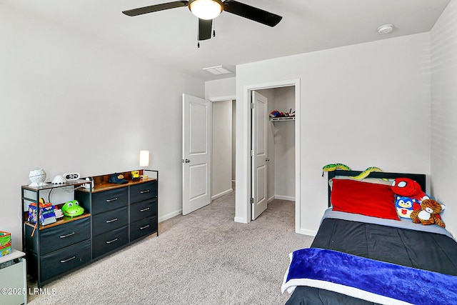 32 Chinquapin St, Beaufort, SC 29906 - bedroom with a spacious closet, ceiling fan, light colored carpet, baseboards, and visible vents