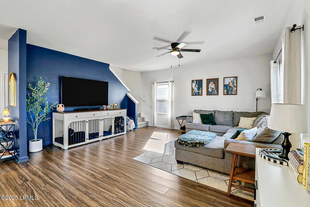 32 Chinquapin St, Beaufort, SC 29906 - living room featuring stairway, wood finished floors, ceiling fan, baseboards, and visible vents