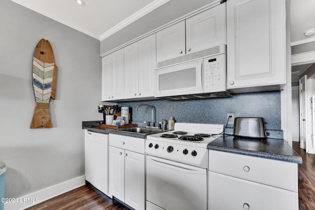 kitchen featuring sink, crown molding, white appliances, white cabinetry, and dark hardwood / wood-style flooring