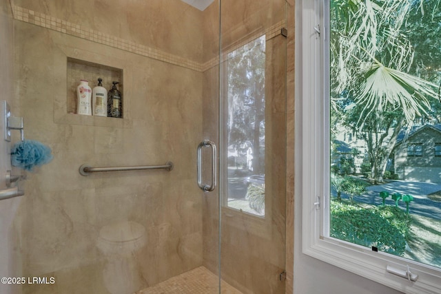 bathroom with a shower with door