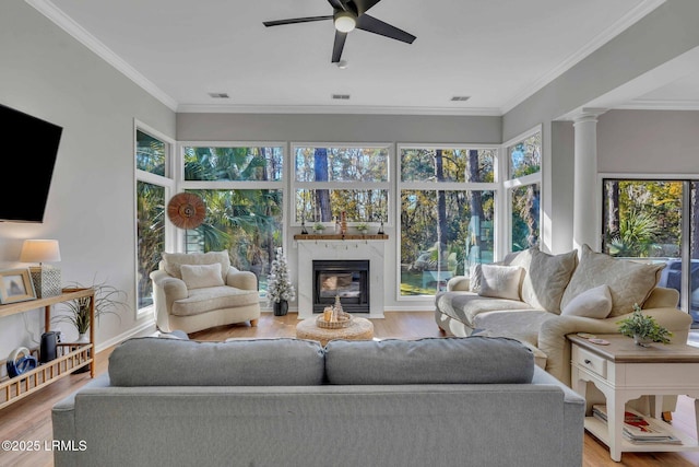 living room with ornamental molding and a wealth of natural light