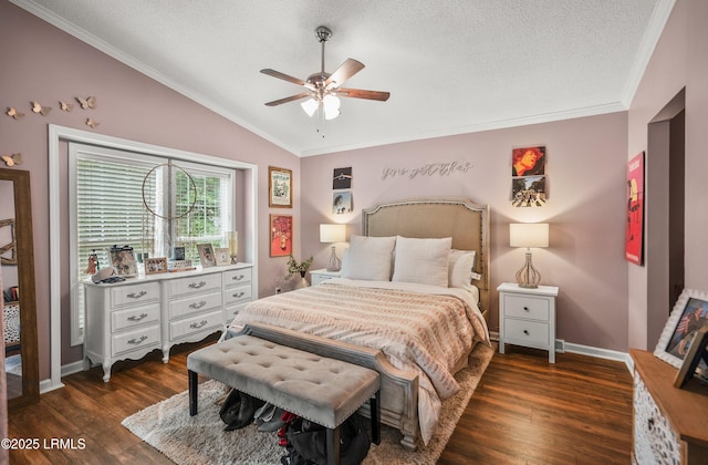 10 Rockville Way, Beaufort, SC 29902 - bedroom featuring dark wood finished floors, a textured ceiling, vaulted ceiling, ornamental molding, and a ceiling fan