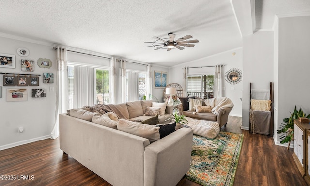 10 Rockville Way, Beaufort, SC 29902 - living area featuring a ceiling fan, dark wood finished floors, crown molding, lofted ceiling, and a textured ceiling