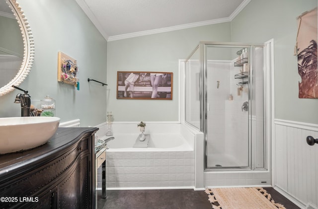 10 Rockville Way, Beaufort, SC 29902 - full bath featuring vanity, a stall shower, a bath, crown molding, and wainscoting