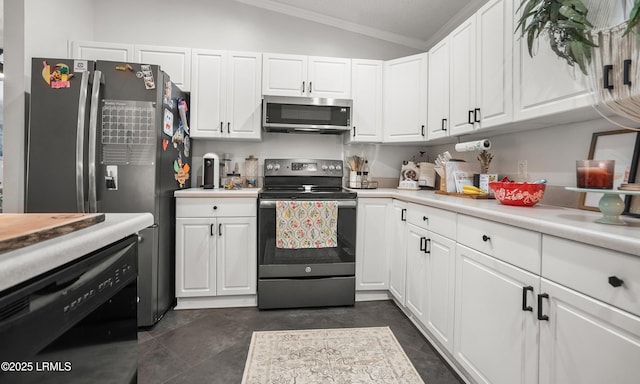 10 Rockville Way, Beaufort, SC 29902 - kitchen with stainless steel appliances, lofted ceiling, crown molding, white cabinetry, and light countertops