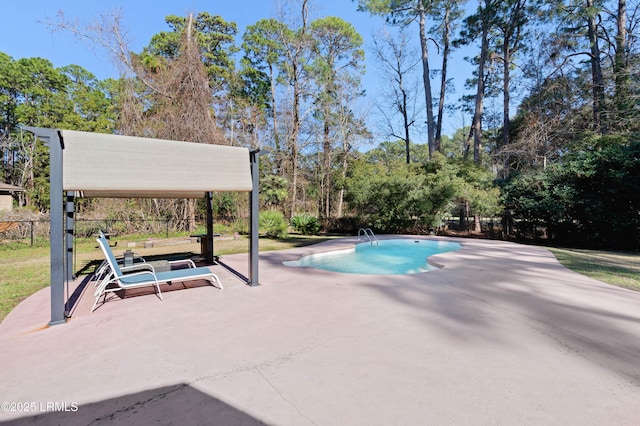 view of swimming pool featuring a fenced in pool and a patio area