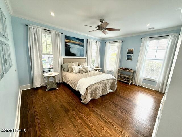 10 Hayek St, Beaufort, SC 29907 - bedroom with crown molding, dark wood-style flooring, ceiling fan, and recessed lighting