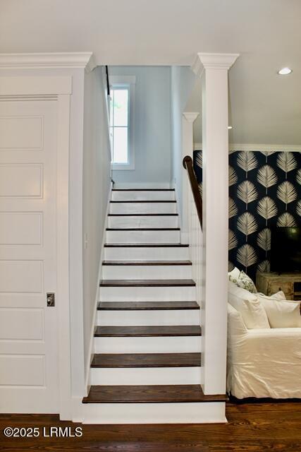 10 Hayek St, Beaufort, SC 29907 - staircase with wood finished floors and recessed lighting