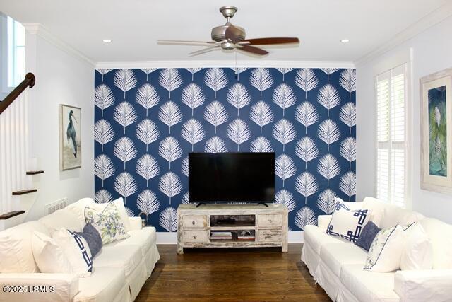 10 Hayek St, Beaufort, SC 29907 - living room with crown molding, a ceiling fan, wood finished floors, recessed lighting, and an accent wall