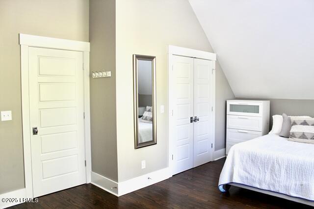 10 Hayek St, Beaufort, SC 29907 - bedroom with lofted ceiling, dark wood-style floors, and a closet