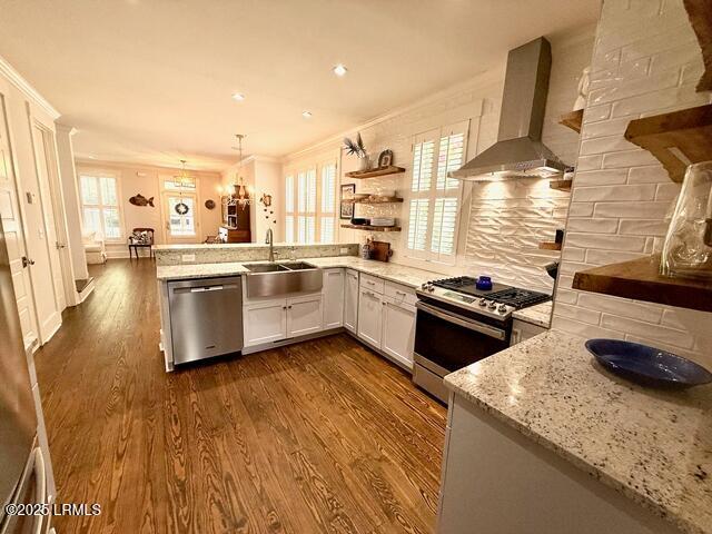 10 Hayek St, Beaufort, SC 29907 - kitchen featuring wall chimney exhaust hood, stainless steel appliances, ornamental molding, a peninsula, and open shelves