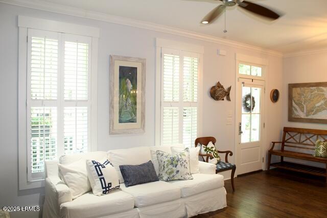 10 Hayek St, Beaufort, SC 29907 - living area with a ceiling fan, dark wood-type flooring, and crown molding