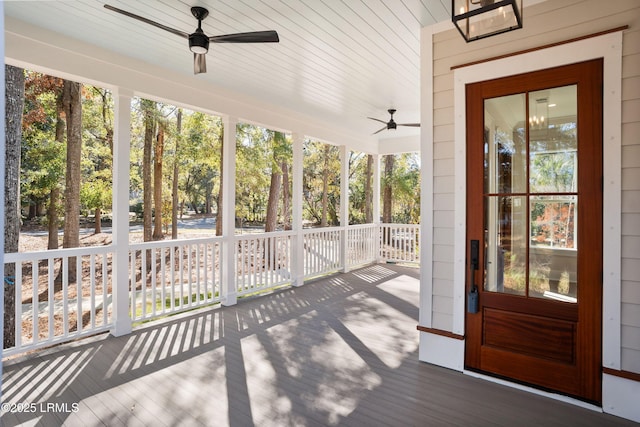 exterior space featuring ceiling fan and covered porch