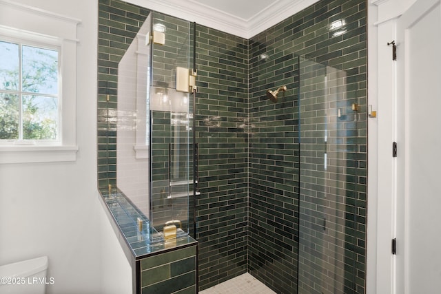 bathroom with plenty of natural light, ornamental molding, toilet, and walk in shower